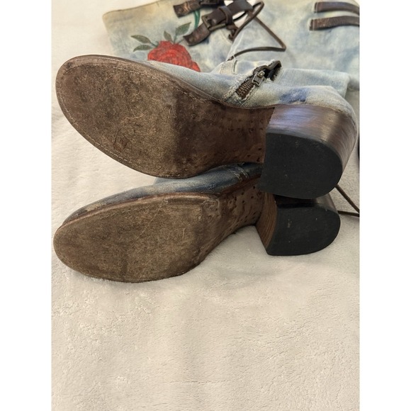 Freebird Cyrus Womens Boots 8 Leather Denim Roses Embroidery Distressed Laces - Picture 7 of 9